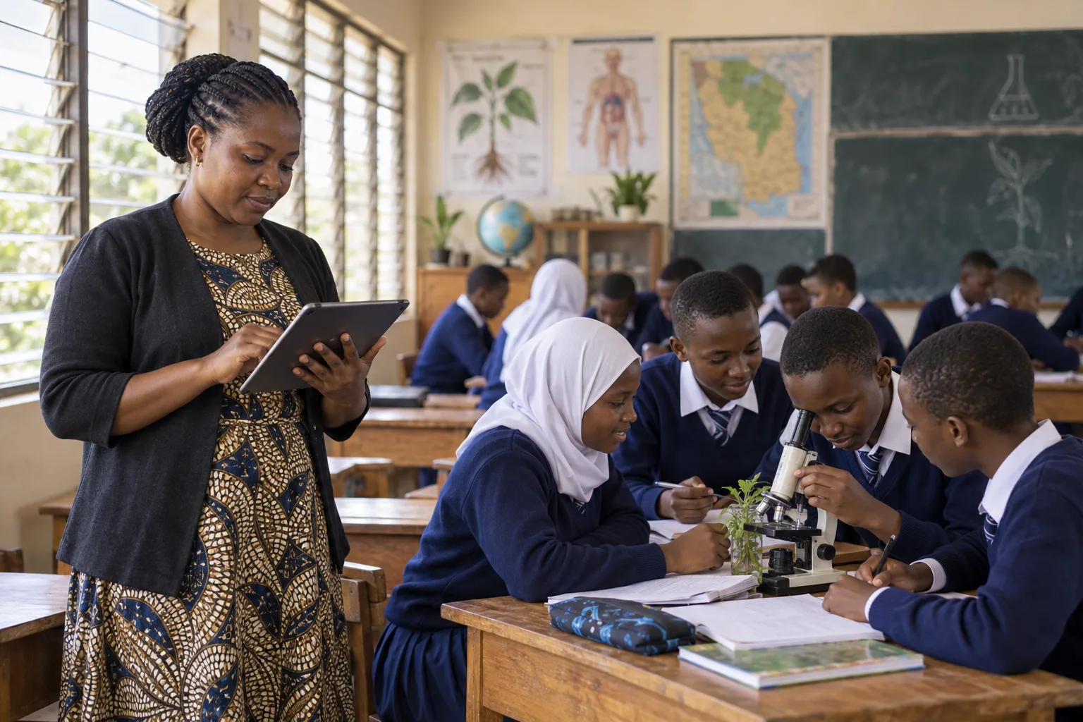 A teacher guiding students in a connected classroom